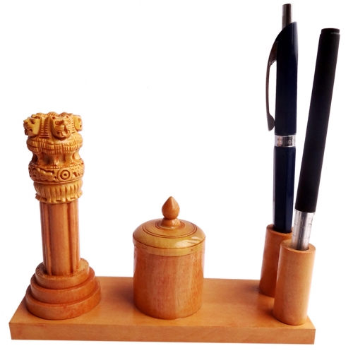 Wooden Ashoka Pillar +2 Pen Base +Pin Holder
