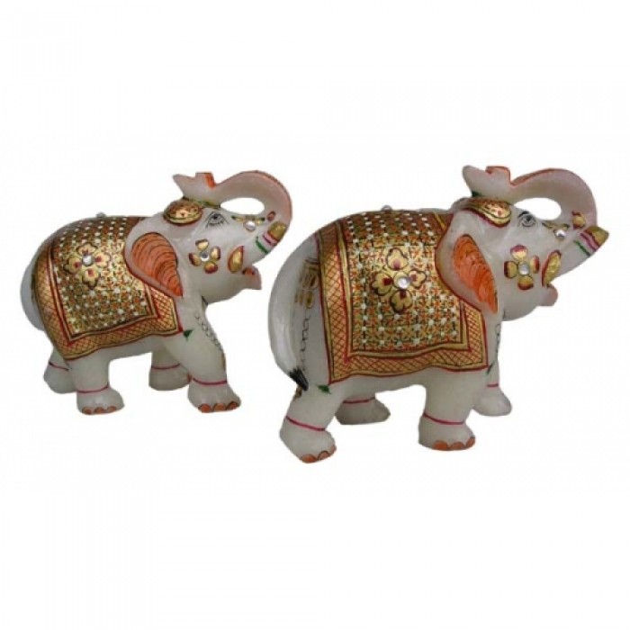 Marble Elephant Pair With Red Gold Work