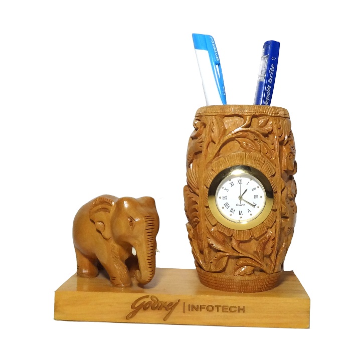 Wooden Base Elephant + Pen Holder - Godrej