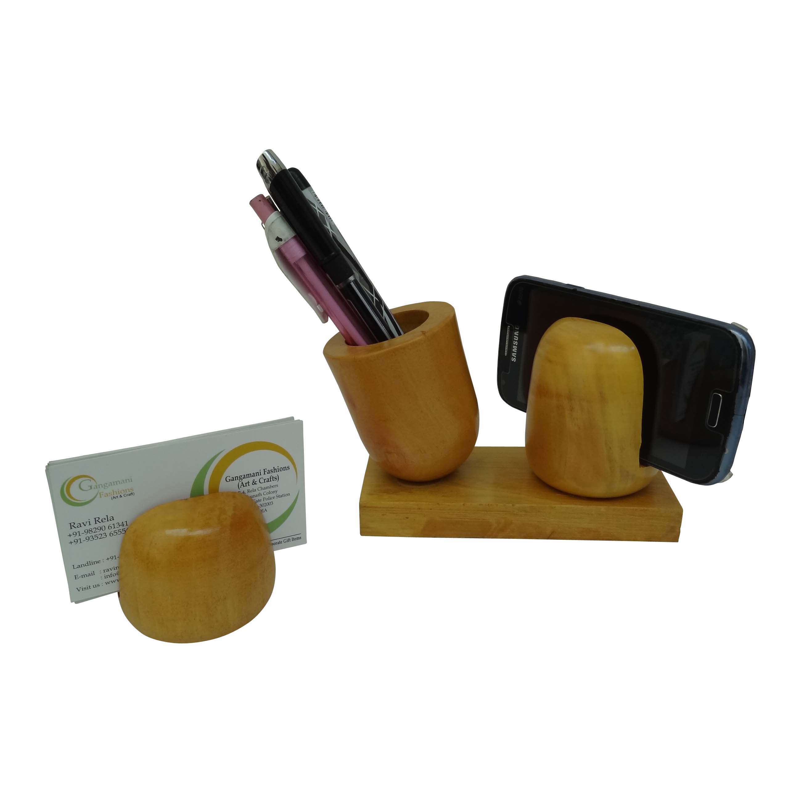 Wooden Base Pen Holder + Mobile Holder - Visiting card set