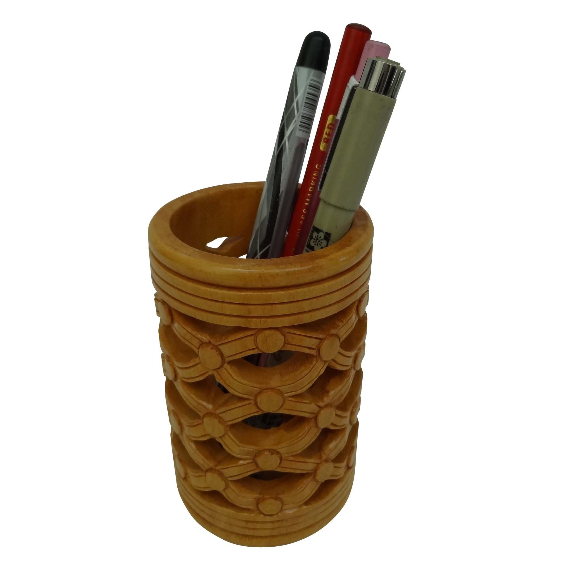 Wooden Pen Holder Crossed Carved