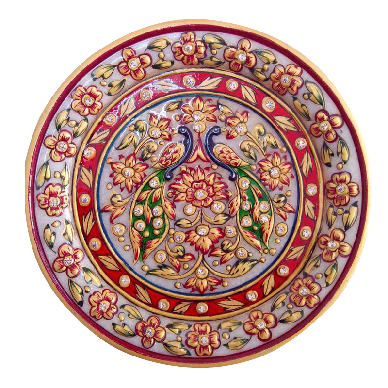 Marble Round Plate 6" Peacock With Red Meena